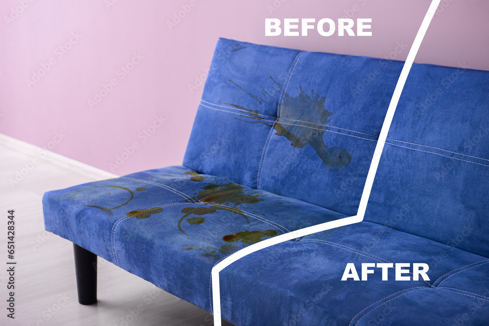 Blue sofa before and after dry-cleaning in room