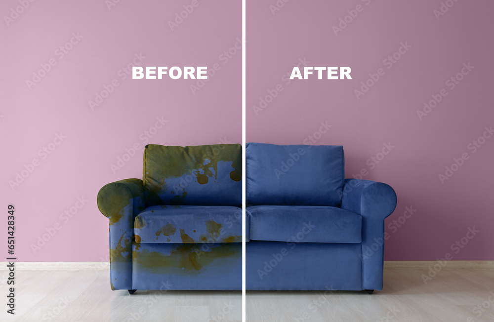 Blue sofa before and after dry-cleaning in room