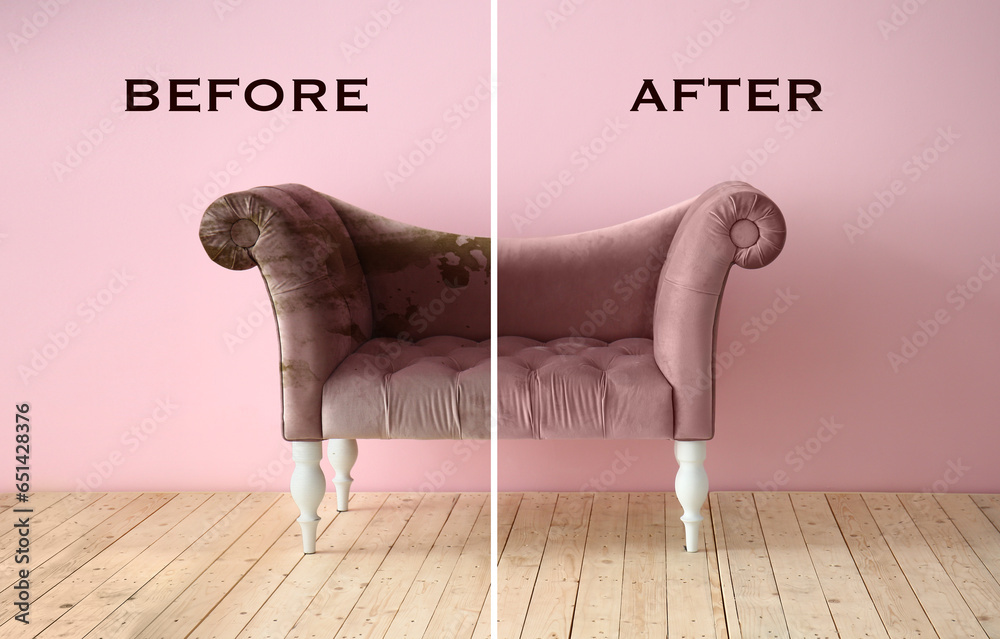 Pink sofa before and after dry-cleaning in room