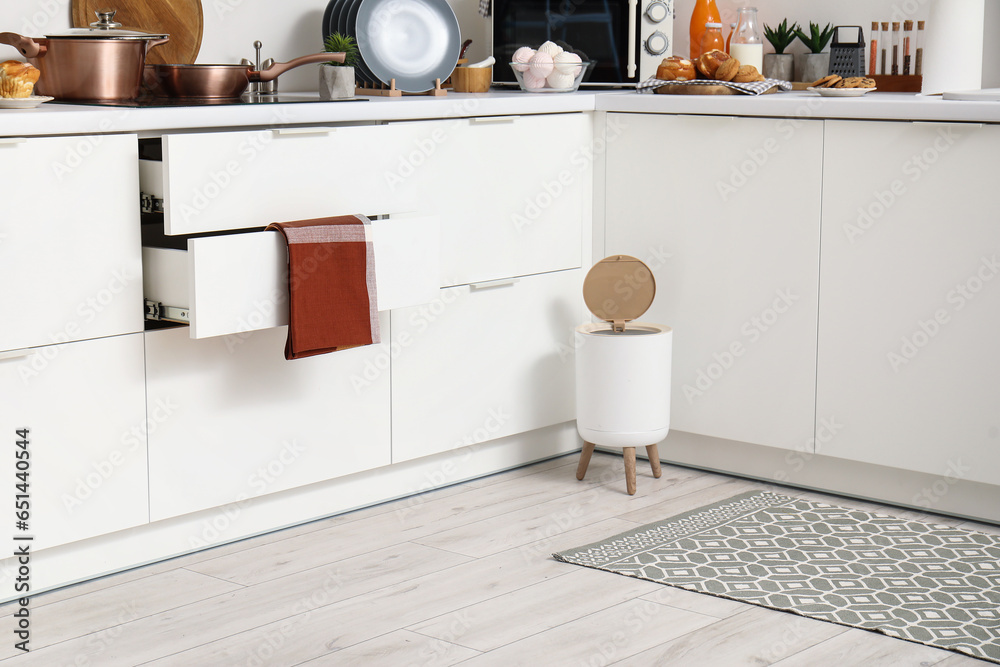 Interior of modern kitchen with stylish rug, trash bin and white counters