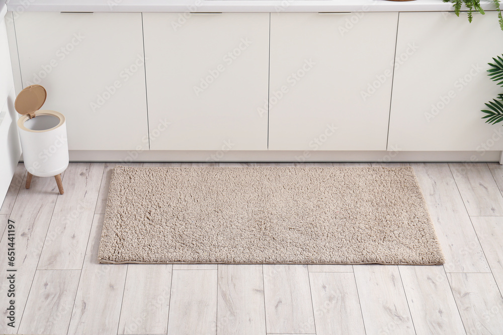 Soft rug and trash bin on floor in kitchen