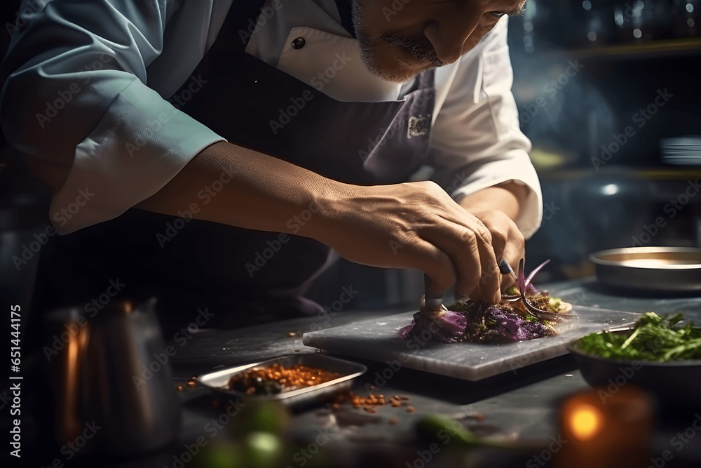 Close up of professional chef cook man hands precisely cooking dressing preparing tasty fresh delicious mouthwatering gourmet dish food on plate