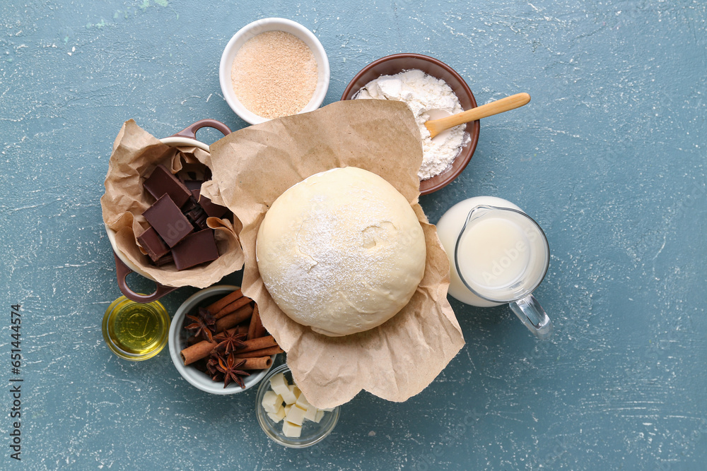 Composition with different ingredients for preparing bakery on color background