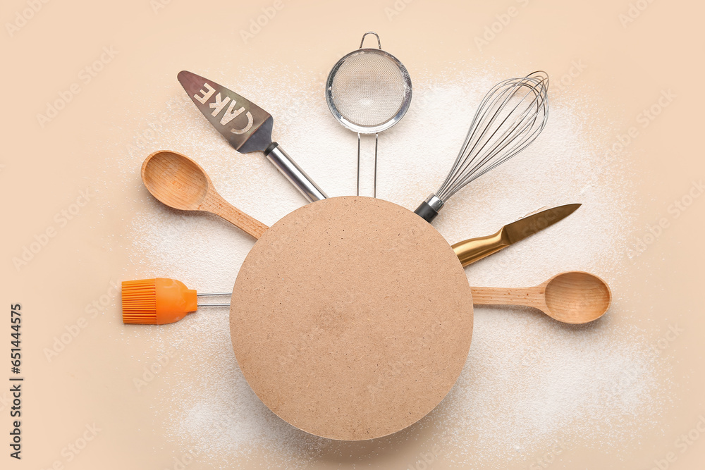 Composition with blank card, flour and utensils for preparing bakery on color background