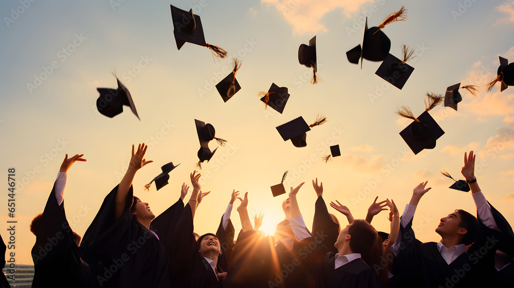 Group of cheerful student throwing graduation hats in the air celebrating, education concept with students celebrate success with hats and certificates