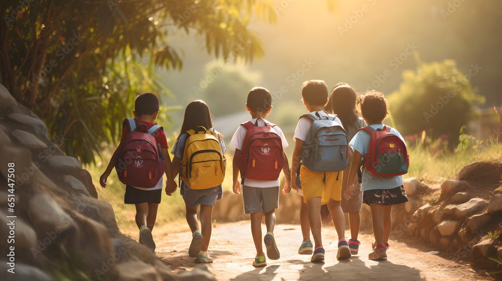 Group of junior high school students walking together in friendship walking in green park. Children and friendship concept