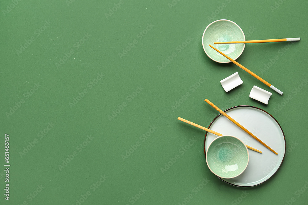 Chinese table setting on green background