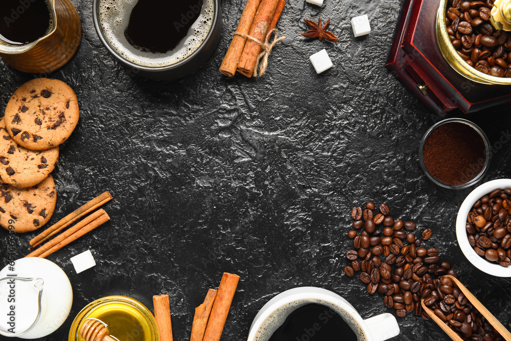 Frame made of cups with tasty coffee, cinnamon, beans, cookies, sugar and milk on black background