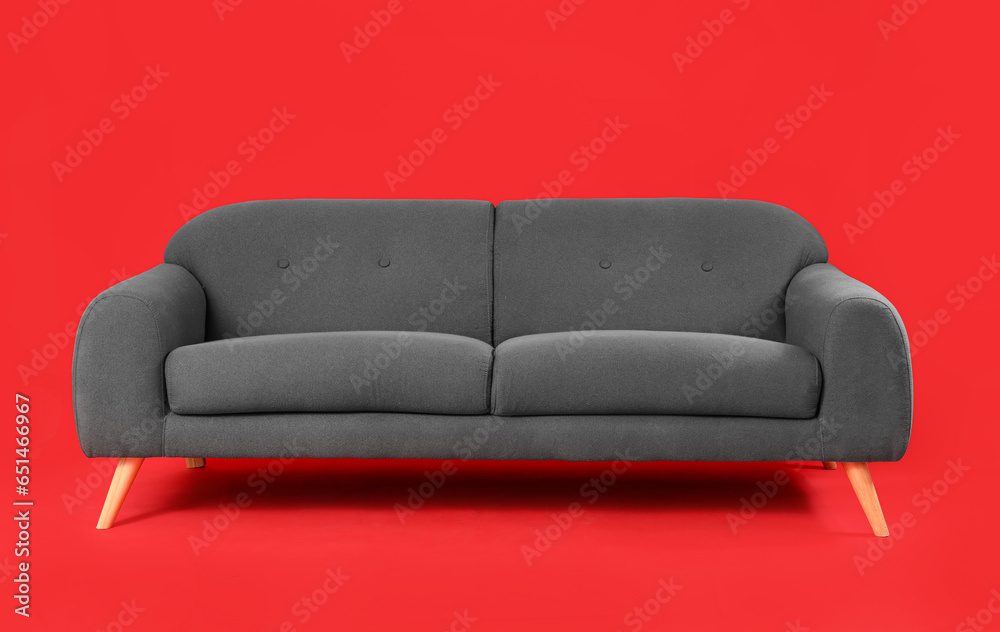 Cozy black sofa on red background