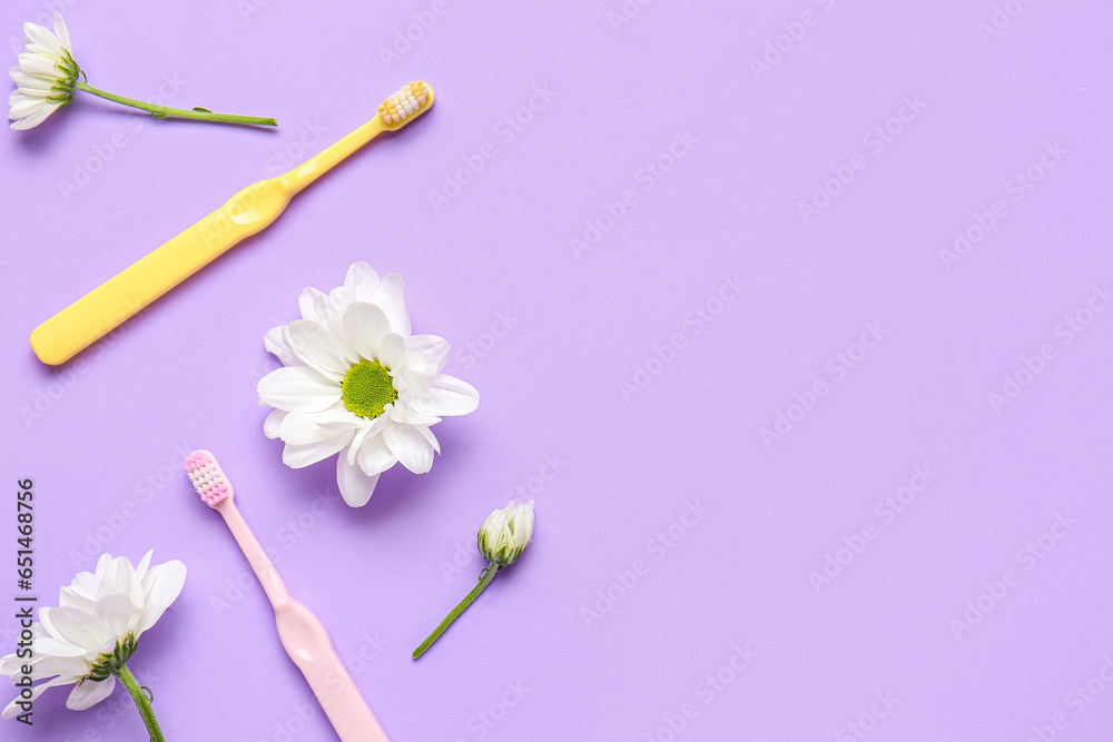 Composition with toothbrushes and beautiful chamomile flowers on color background