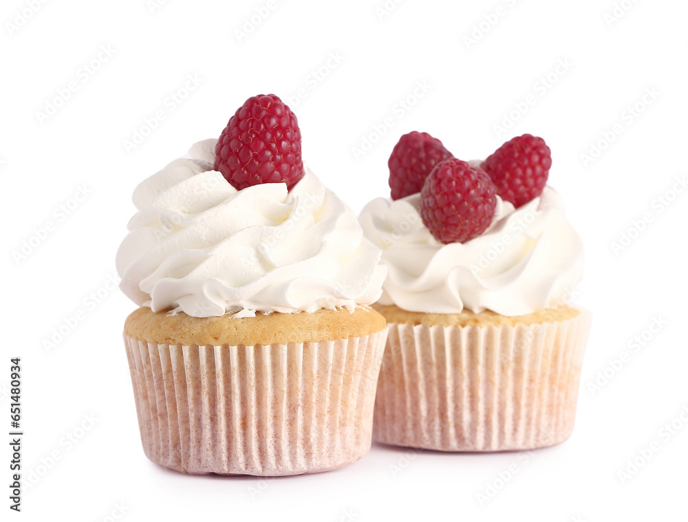 Tasty raspberry cupcakes on grey background