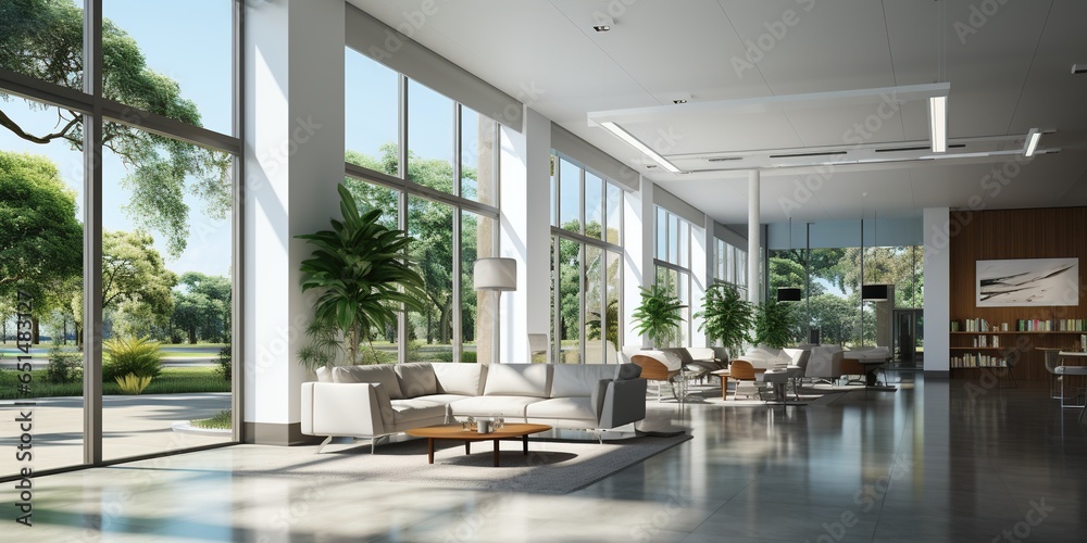 Interior of a contemporary office corridor with a mock up white billboard, glass doors, furniture, and concrete floors