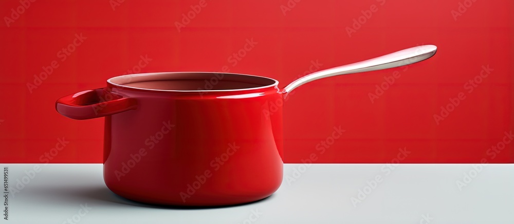 Large red cooking vessel for soup with utensils