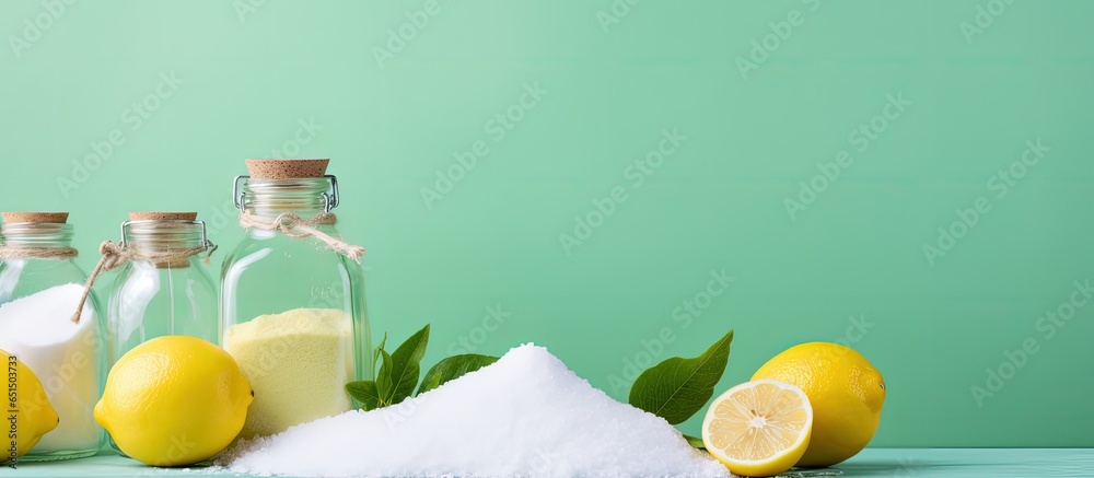 Environmentally friendly laundry products made with homemade ingredients lemon salt baking soda washing soda on a green backdrop with empty space for text