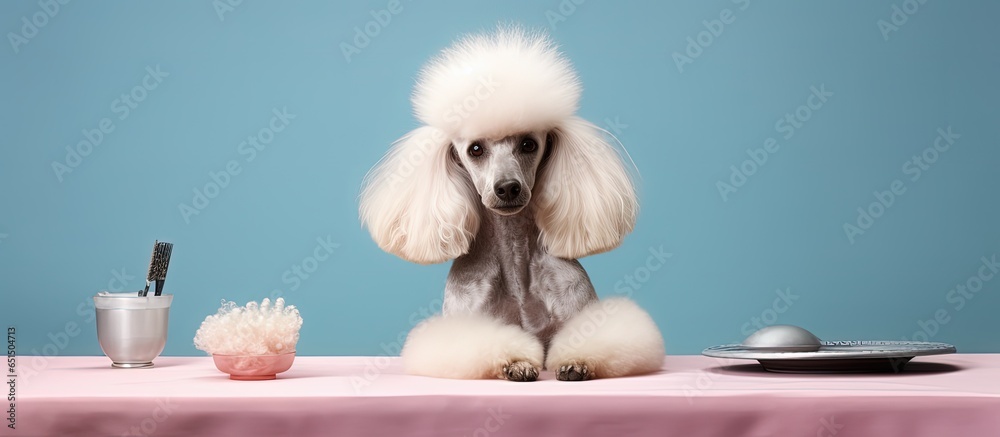 Grooming a poodle at the show on a table