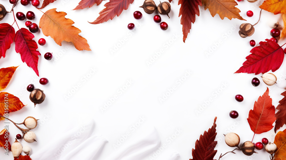 Autumn creative frame composition with dried leaves, chestnuts, red berries and cones on white background. Generative AI