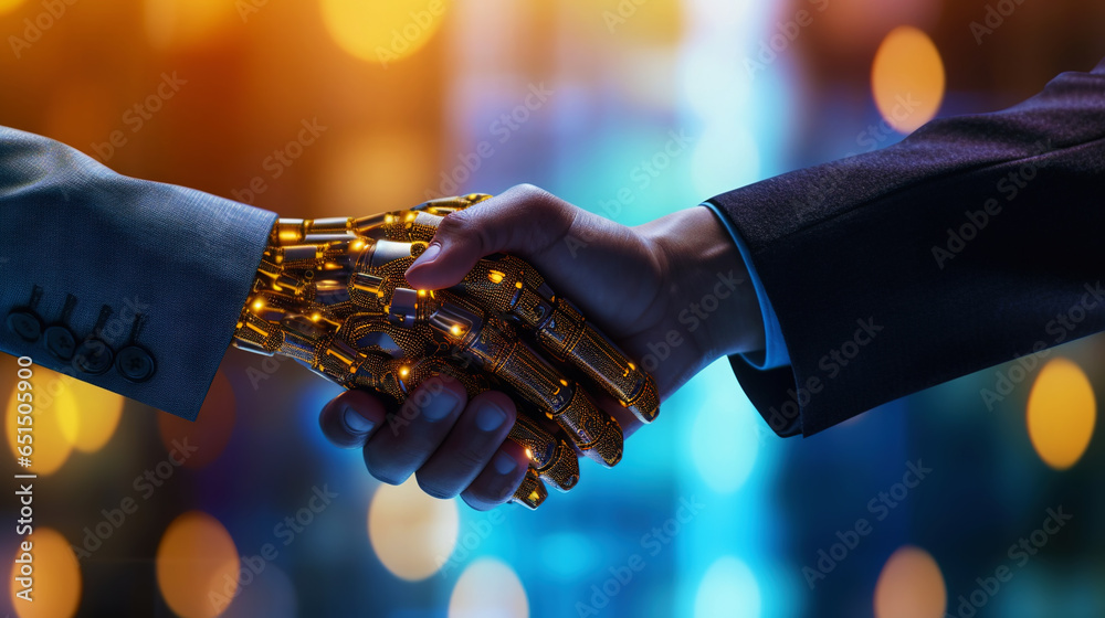 Business handshake of human and robot. Collaboration of artificial intelligence and man. Generative AI