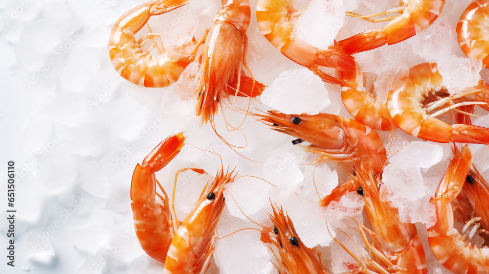 Top view of raw whole shrimps on ice. Seafood background. Generative AI