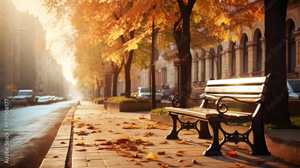 Wooden bench in the autumn park, an empty street. Yellow trees of a city alley. Generative AI