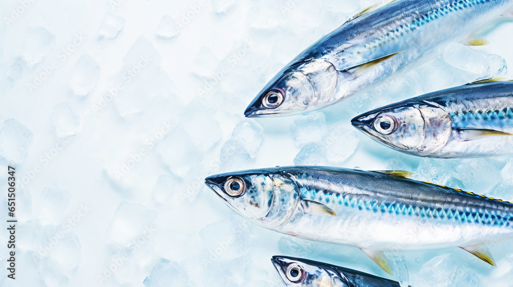 Fresh mackerel fish (Scomber scrombrus) on ice. Seafood background. Generative AI