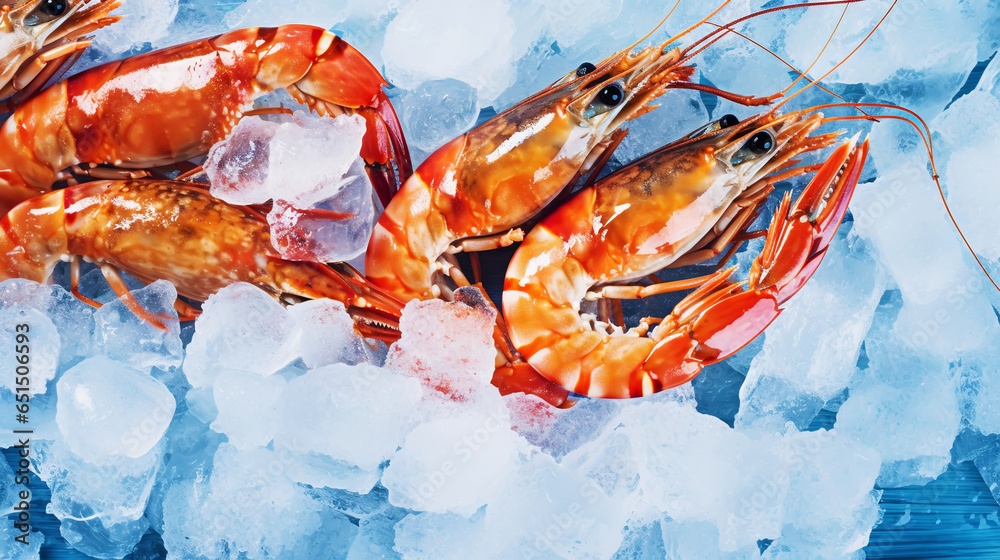 Top view of raw whole king prawns on ice. Seafood background. Generative AI