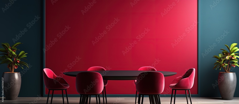 Modern interior dining room with a vibrant magenta color scheme Round black table surrounded by carmine red chairs Blank wall for art or decor Accents and lamps add a contemporary touch