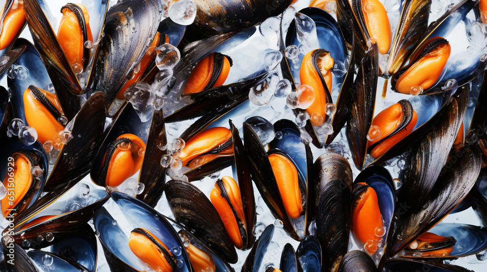 Raw Mussels on ice in the restaurant . Fresh seafood shellfish background. Generative AI