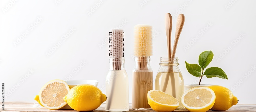 Environmentally friendly cleaning concept for the kitchen with zero waste Utilize wooden brushes lemon baking soda vinegar and a drinking straw