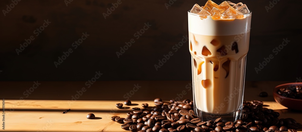 Summer refreshment concept Iced latte in tall glass with milk coffee beans and spoon on light background with morning shadows Front view