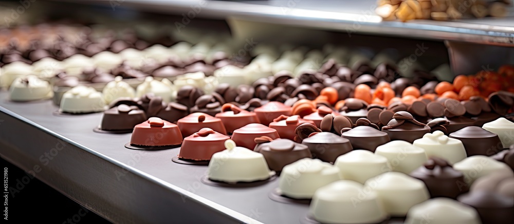 Conveyor in a chocolate factory with machine made chocolate toppings