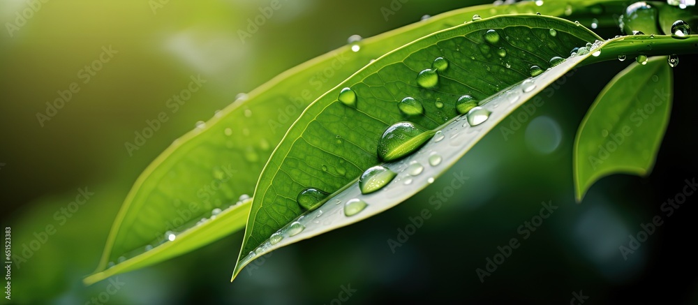 Glistening raindrops adorn a vibrant leaf accentuated by sunlight on a striking plant