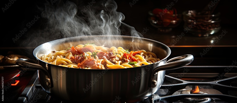 Cooking pasta on a stove in a pot with boiling water in a kitchen