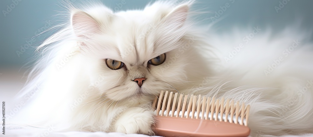 Morning yard grooming with hair removal comb for shedding white Persian cat