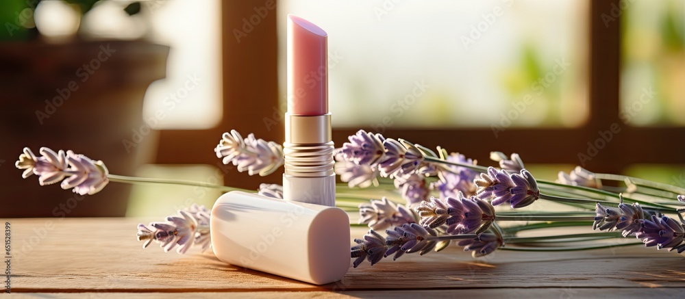 Create organic lip balm with homemade ingredients Handcrafted lip care in wooden container adorned with lavender