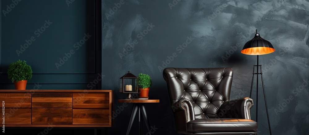 Contemporary interior design upholstered furniture against dark wall