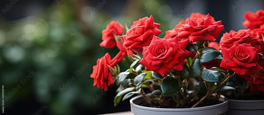 Up close a potted mini rose with red flowers