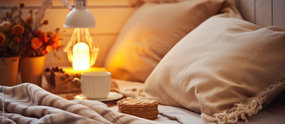 Bedroom close up with empty bedside table and USB socket in modern interior design Stylish furniture and sun shadows