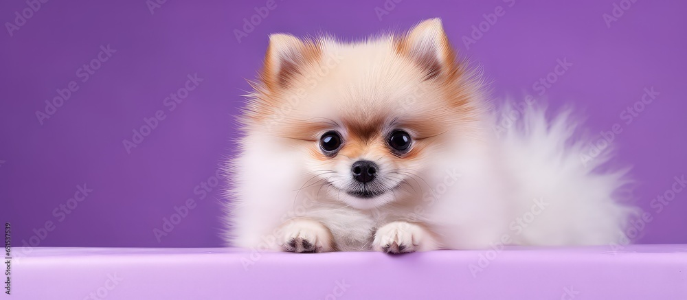 Small spitz pet groomed on a purple background with cream colored fur and captivating eyes