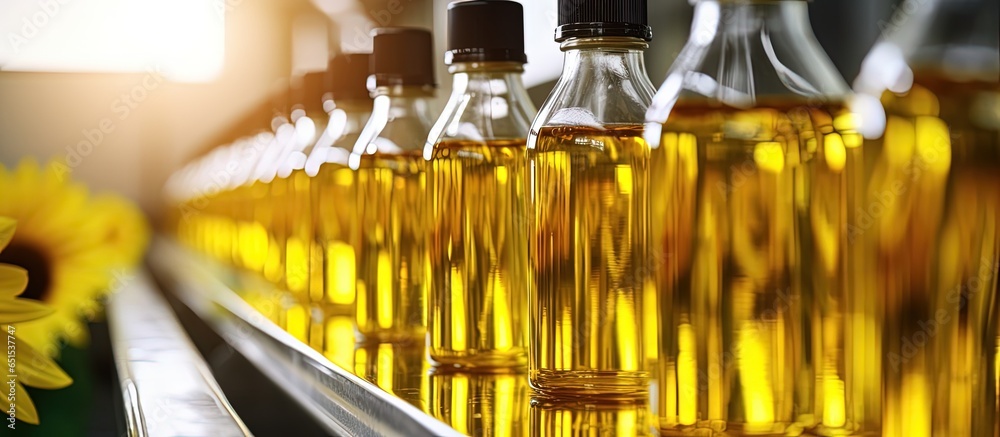 Sunflower oil being bottled and moving on production line