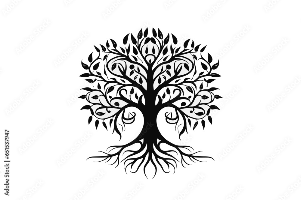 Tree of life with leaves, vector illustration tree with roots outline line drawing