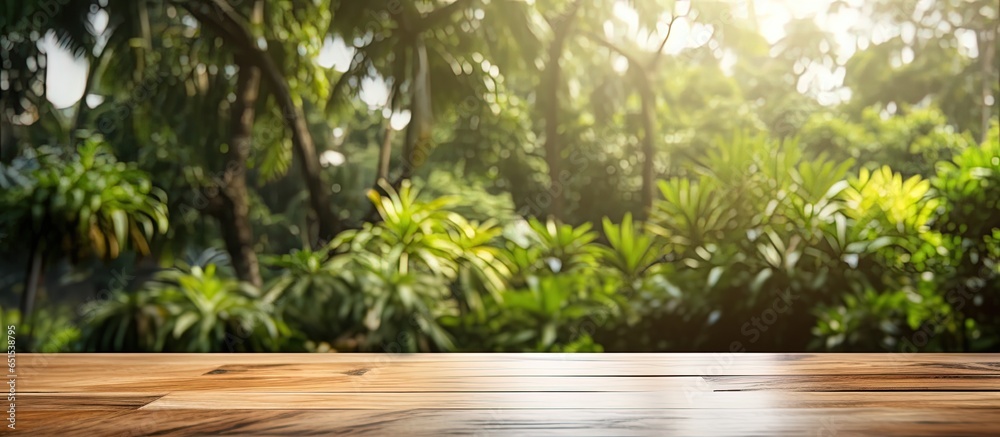 Wooden table inside house sunlight through window and blurred green garden background ideal for displaying products or food