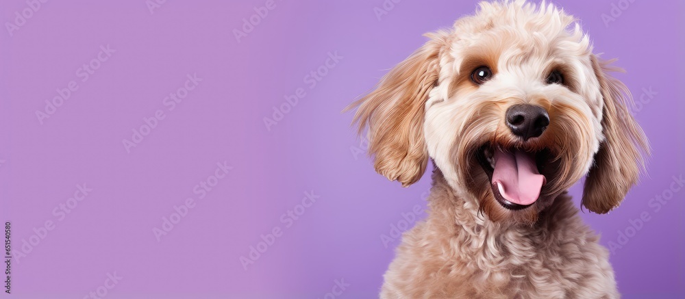 Groomed Labradoodle dog with vibrant background and tongue out in pet salon