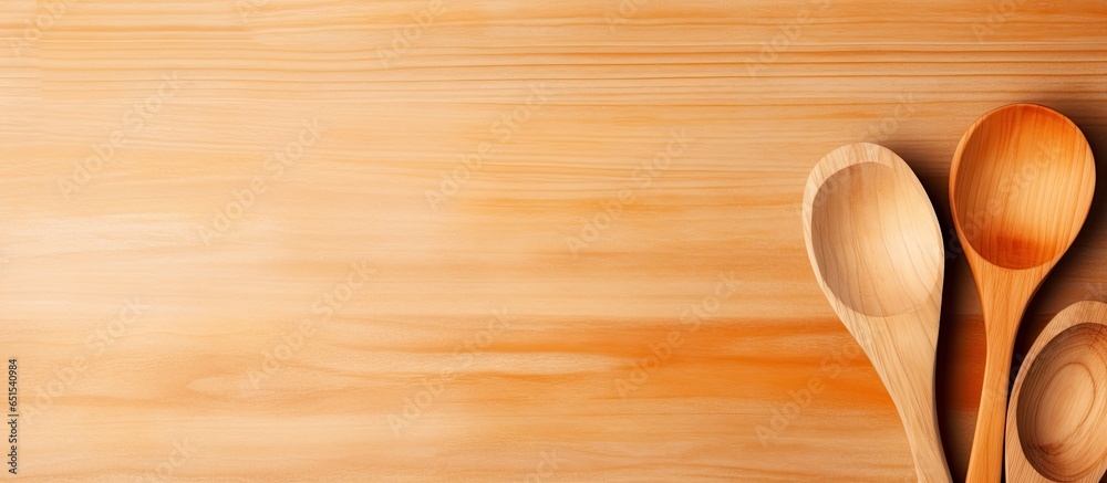 Abstract food background with wooden kitchenware on a cutting board