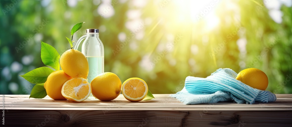 Environmentally friendly cleaners made from baking soda lemon cloth placed on wooden table with windows in the background