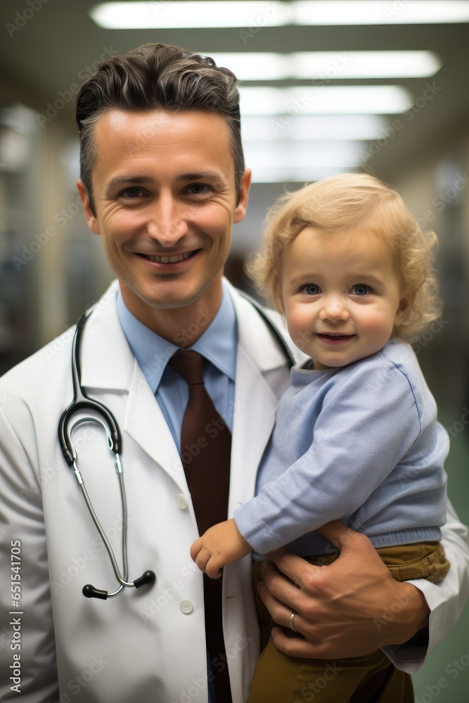 Kind doctor holding a child at the hospital, Pediatrician.