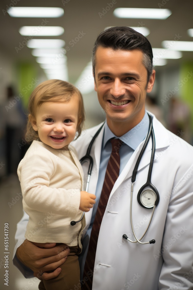 Kind doctor holding a child at the hospital, Pediatrician.