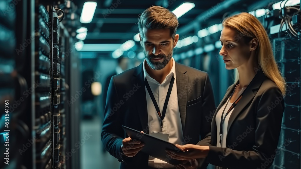 Two IT server technicians talking in a data centre and discussing software and malware system, Professional computer engineers.