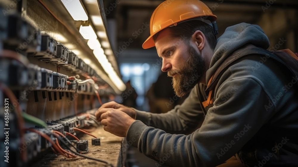 Electrician working on circuit breaker box at construction site.