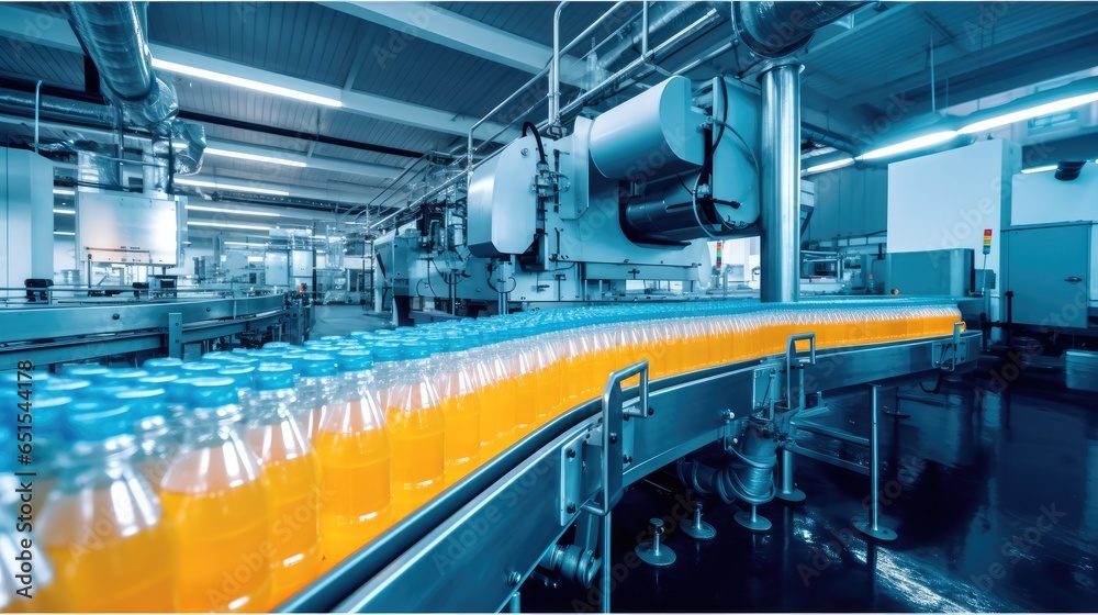 Juice bottles on conveyor at beverage factory.