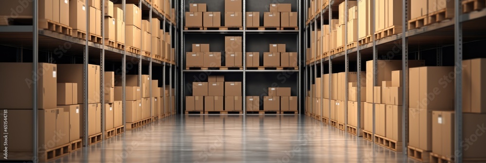 Modern storehouse, Cardboard boxes on storage warehouse shelves background.